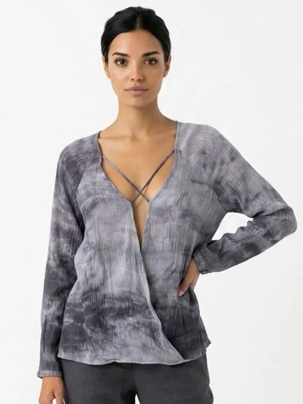 UMGEE | Boho Gray Tie Dye Strappy Wrap Front Long Sleeve Top Women’s Size Small